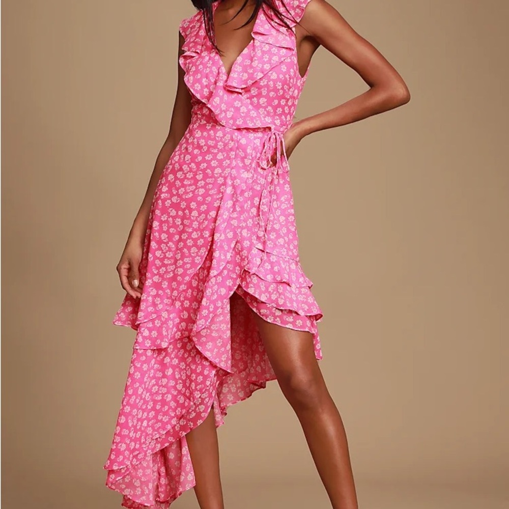 Lulu’s Cornelia Fuchsia Pink Floral Print Ruffled Wrap Midi Dress